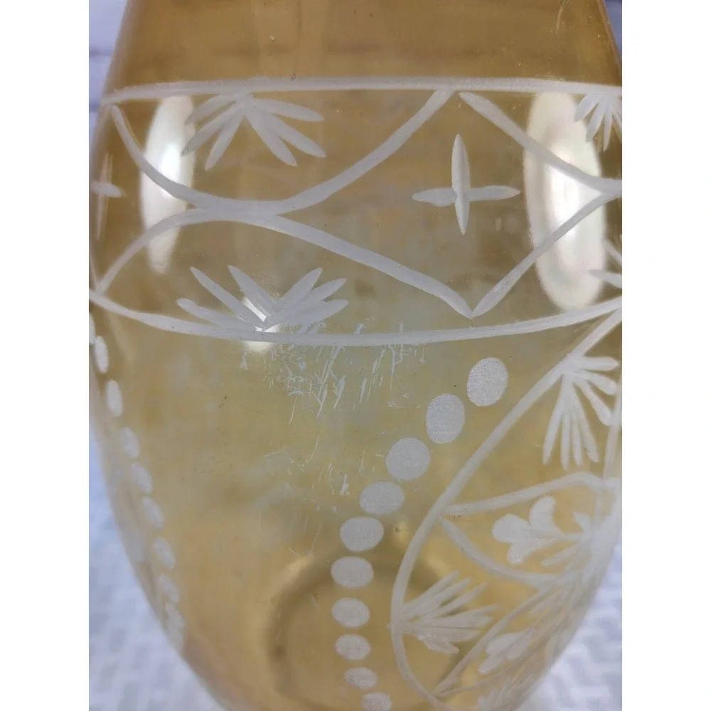 Large Intricately Etched Glass Bottle Handmade Yellow Vase Art Decor 14.75
